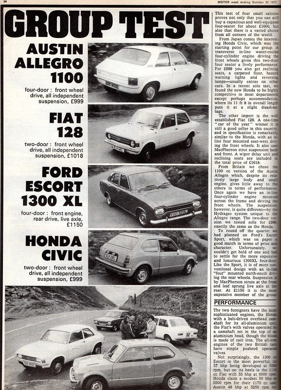 Austin Allegro 1100 - Fiat 128 - Ford Escort 1300 XL & Honda Civic 1200 Group Road Test 1973 (1)