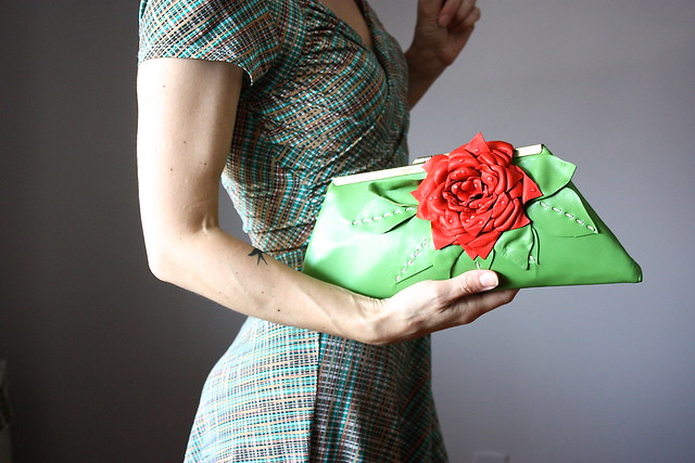 Leather clutch with red floral embellishment , clutch purse, green leather purse, leather bag, leather handbag, Italian lambskin