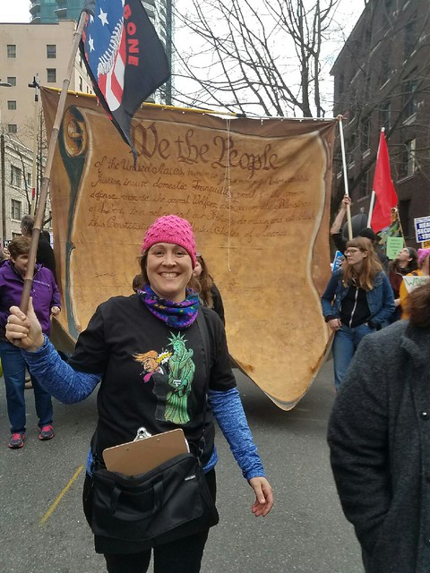 Susannah lady liberty tump t shirt we the people banner march womxns seattle