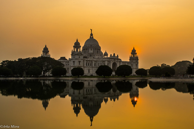 View of Victoria memorial,kolkata in reflection during sunset