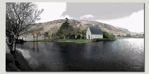 gouganebarra church small lake mountains landscape cork county ireland blackandwhite colour gouganebarralake