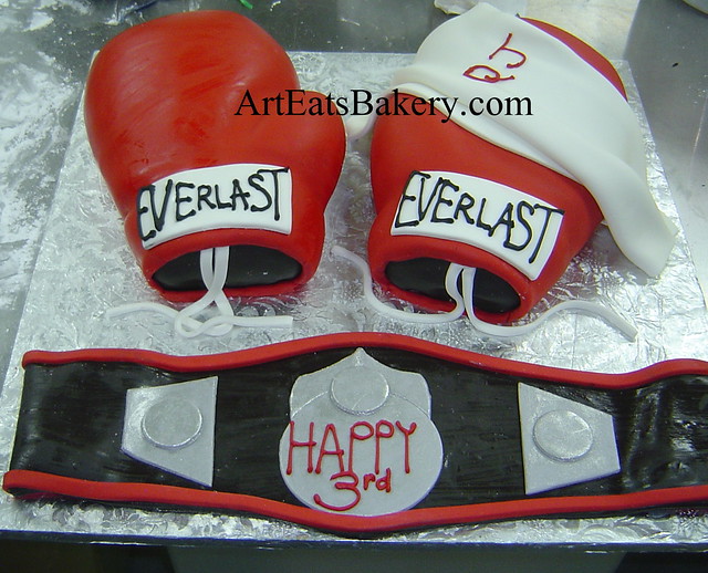3D red fondant boxing gloves and edible championship belt unique creative men's birthday cake