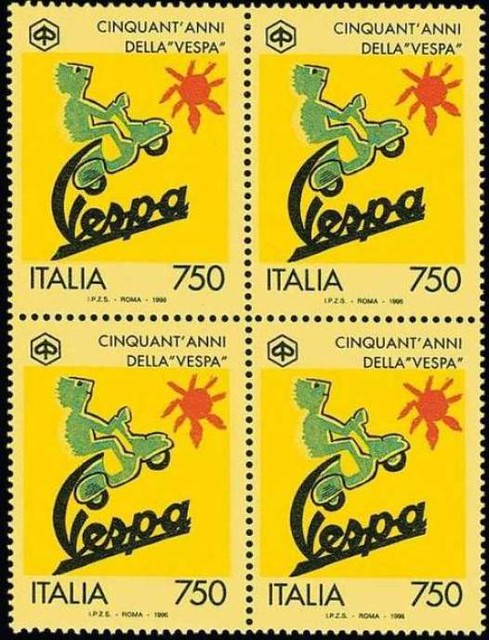 Vespa yellow error stamp 1996, block of four, 1996 Vespa giallo error