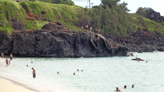 On the rocks at Waimea bay and into the drink.