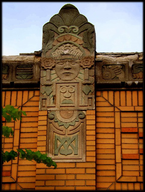 Architectural Detail: Fenkell Road Mayan Head and Brickwork--Detroit MI
