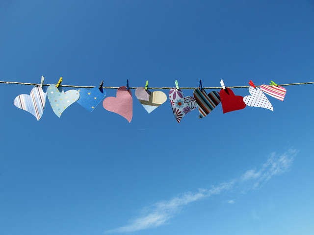 Multicolored paper hearts on a clothesline