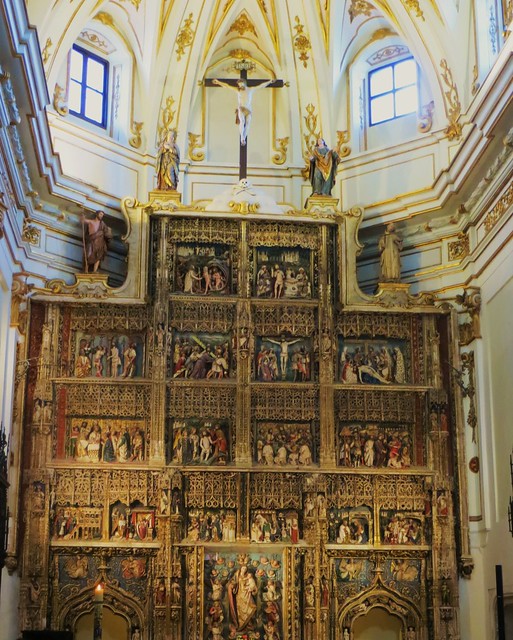 Retable en albâtre polychrome (XVe), église abbatiale, monastère d'El Paular, Rascafría, communauté de Madrid, Castille, Espagne.