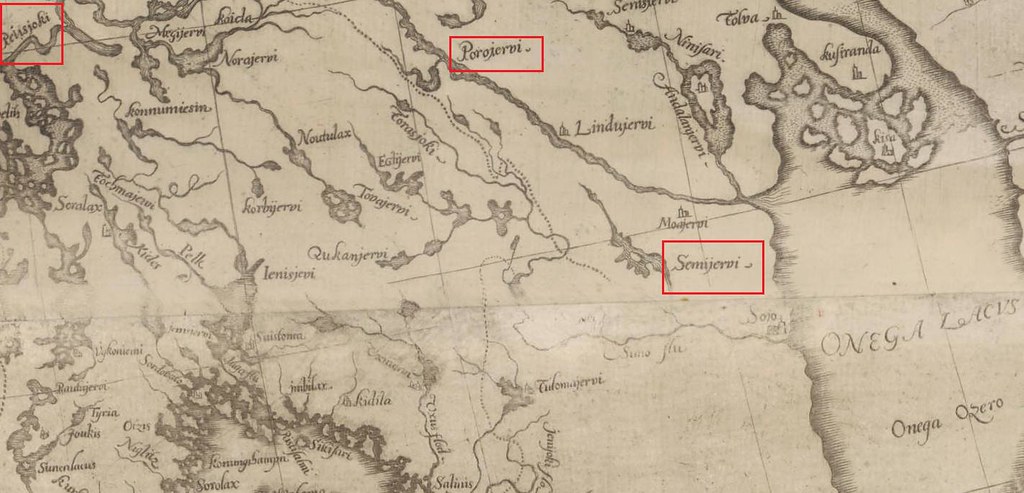 Semijervi near Onega Lake old map 1626, present day Russia. Semijervi nær Onega innsjøen i dagens Russland, kart fra 1626. Semijervi.