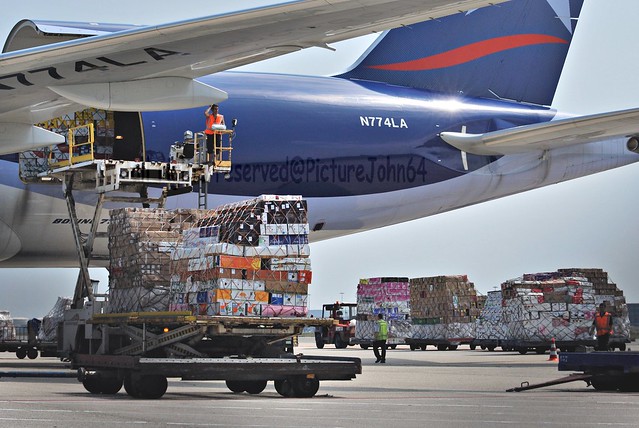 Loading cargo Lan Cargo Boeing 777 (N774LA) at Schiphol Amsterdam