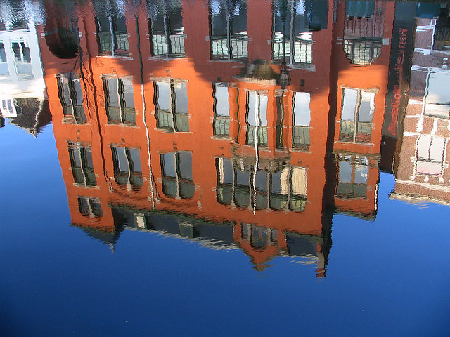 Reflection of houses in canal in Leiden