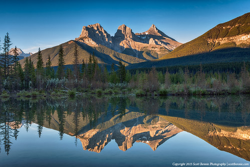 morning summer canada reflection nature water beautiful forest sunrise landscape rockies early scenery scenic alberta threesisters rockymountains canmore bowriver 3sisters
