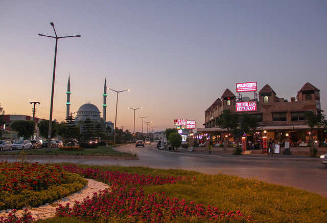 Side - sunset street view with a mosque