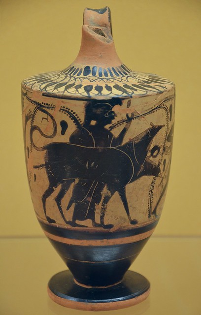 Lekythos oil flask with depiction of Herakles and Kerberos, from Greece, 500-470 BC, National Museum of Denmark, Copenhagen