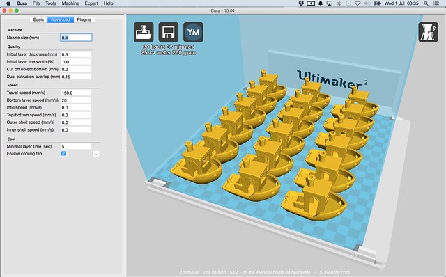 Ultimaker Cura version 15.04 - 18 #3DBenchy boats on buildplate