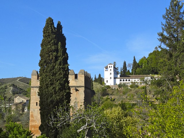 Granada : Alhambra -Exit Alhambra, Tower ,View of El Generalife .