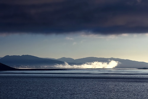 Fog Rolling under the Clouds by Dave Toussaint Photography, Fog rolls across Mono Lake as yet another cloud  bank sits above the lake. Taken in Lee Vining, CA.c