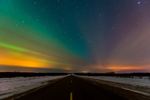 road winter snow canada night landscape highway nightscape manitoba auroraborealis bigdipper stargazing northernlight