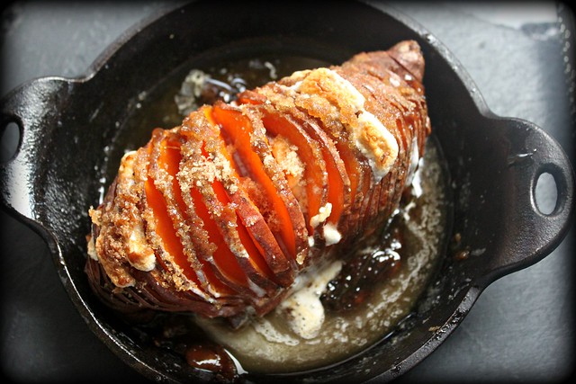 Marshmallow stuffed Hasselback sweet potatoes with brown sugar butter