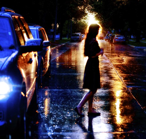 street sunset wet girl rain reflections walking iowa masoncityia