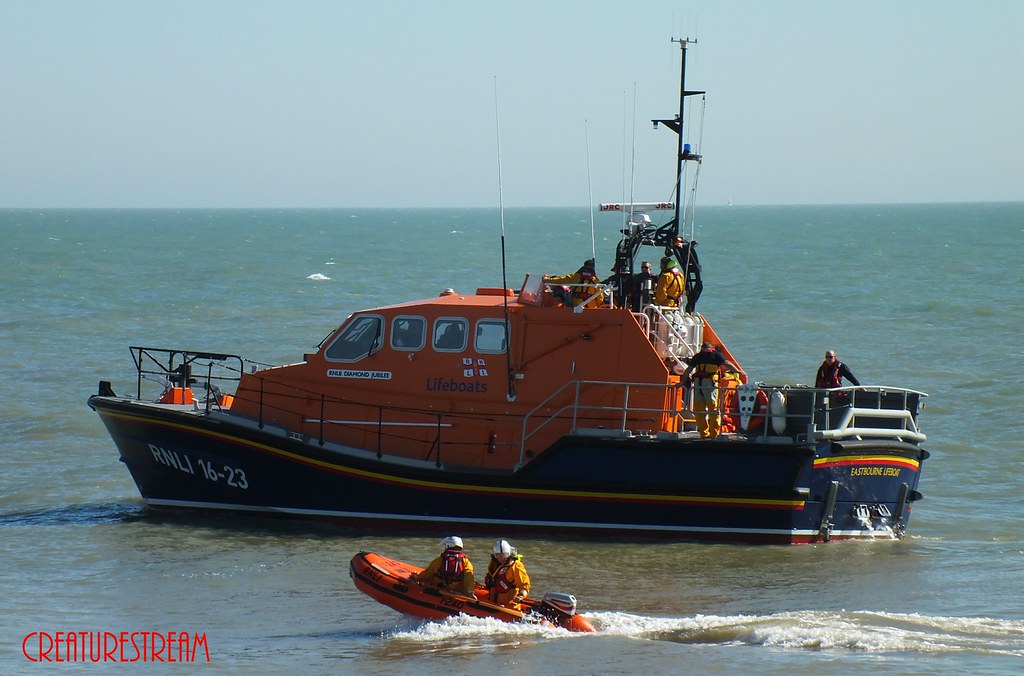 RNLI Eastbourne Lifeboat Diamond Jubilee 16-23 Tamar Class With Daughter Boat Y-240 Eastbourne East Sussex UK