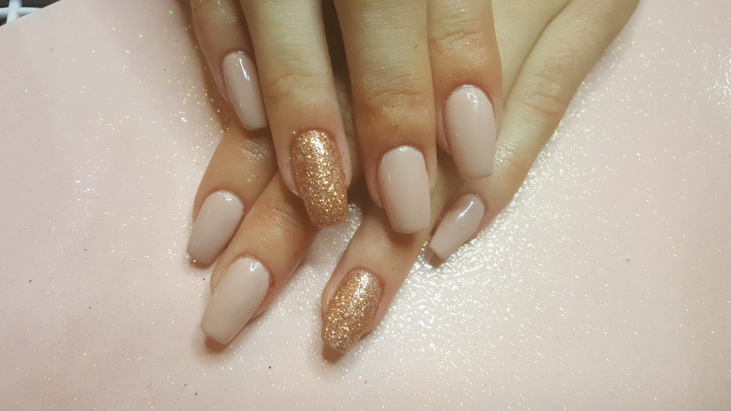 Acrylic nails with nude polish and rose gold glitter | Flickr