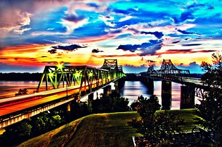 Vicksburg Mississippi River bridge at sunset