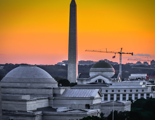 National Gallery of Art Buildings with Washington Monument at Sunset - Washington DC