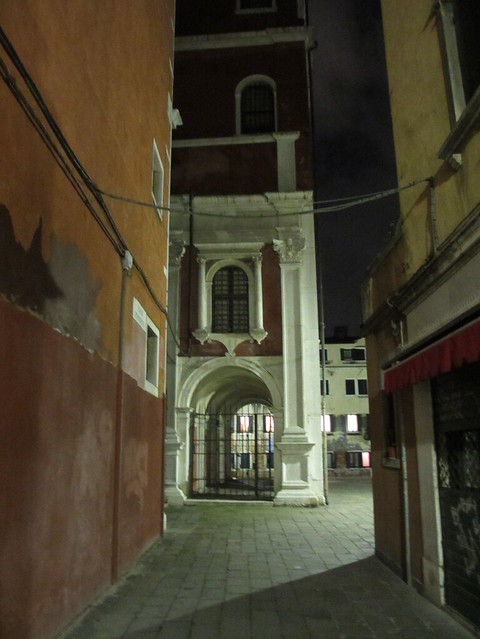 Portico of Scuola Grande di San Rocco at night, Venice, Italy