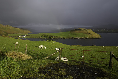 ocean travel sunset sea storm skye colors fence scotland rainbow gate sheep farm gb struan écosse royaumeuni christianwilt