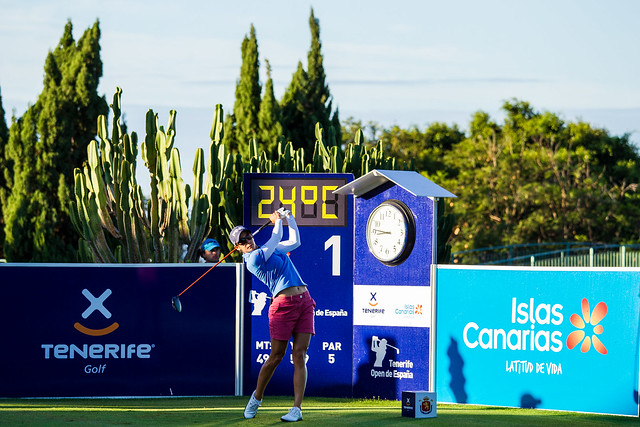 Azahara Munoz of Spain plays the opening tee shot of the tournament from the first tee