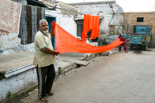A couple drying the dyed fabric, Jodhpur, India　ジョードプル　染めた布を乾かす夫婦