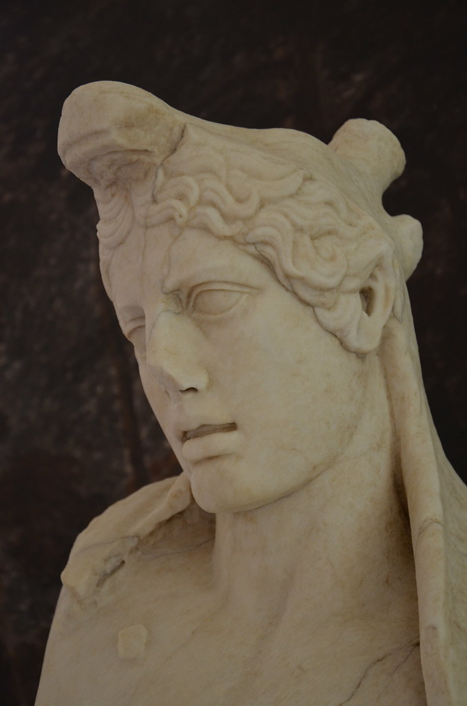 Marble bust identified as Actaeon who was transformed into a stag by the unwary hunter Diana while bathing, Hadrianic period (AD 117-138), Museo delle Navi, Nemi