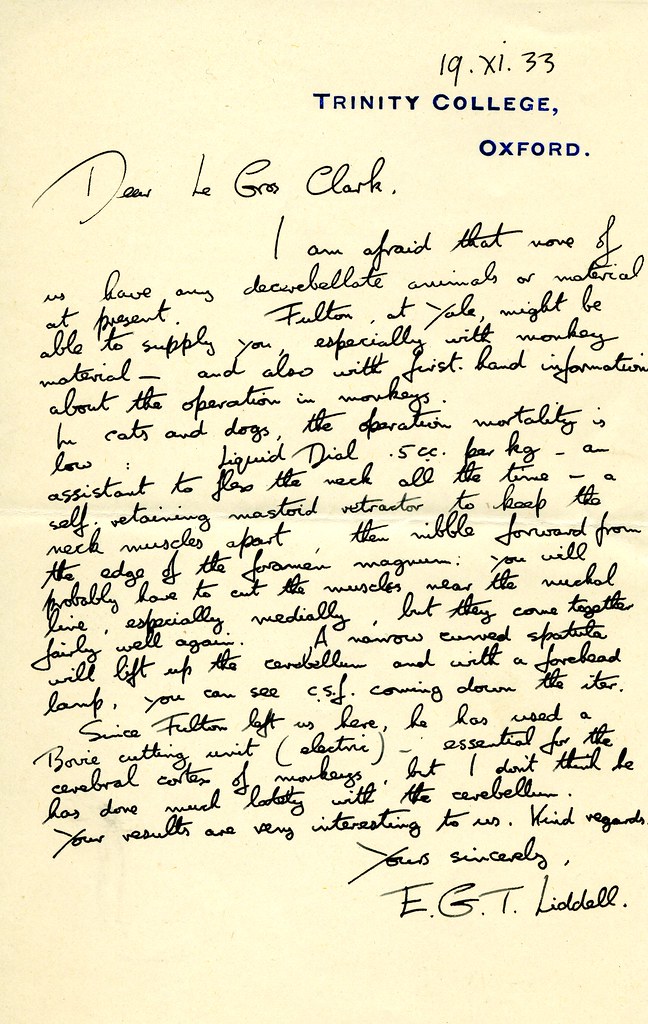 Letter on availability of decerebellate animals from EGT Liddell to W Le Gros Clark