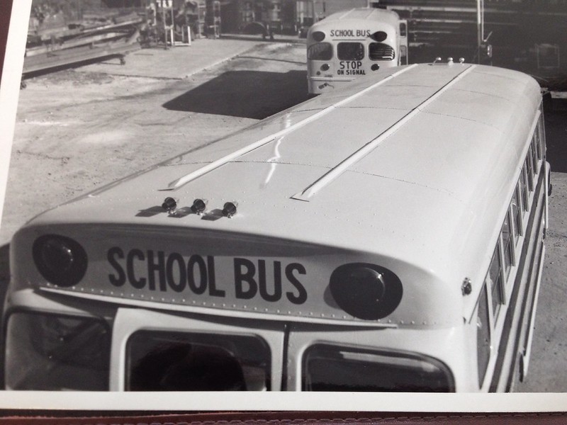Thomas Built Buses, High Point, NC. Foreground:  1962 model.  Background: 1960 model. #1962 #1960 #schoolbus #vintageschoolbus #vintage