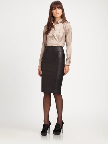 Beige button up shirt & black leather skirt | ejt1977 | Flickr