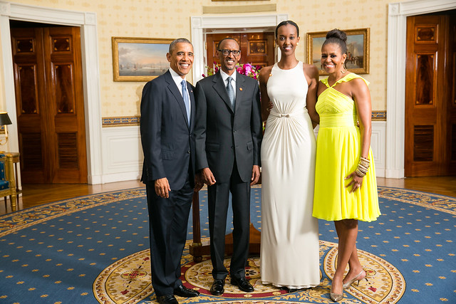 President Kagame with daughter, Ange Kagame pose for a photo with President Barack Obama and First Lady, Michelle Obama at a U.S-Africa Leaders Summit dinner at the White House- Washington DC, 5 August 2014
