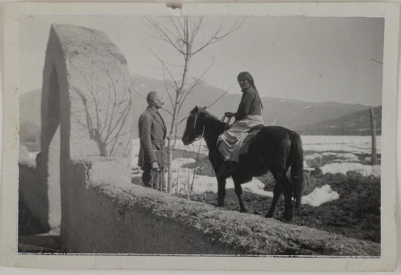 Native American Jerry on a horse and Akseli Gallen-Kallela in Taos, New Mexico, ca.1925.