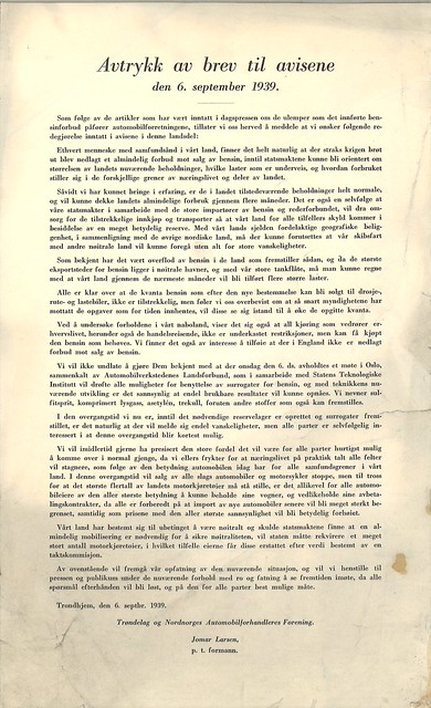 Bensinrasjonering - Avtrykk av brev til avisene den 6. september 1939