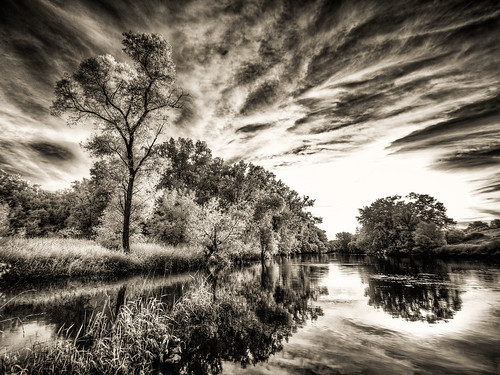 trees sunset summer sky bw white black reflection nature grass leaves wisconsin clouds river dark landscape ir stream day shadows unitedstates olympus infrared hdr pecatonica 2014 infraredcamera browntown 665nm epl2