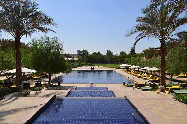 The Marriott Mena House's outdoor pool is a long, luxurious pool that's lined with tall trees and hedges. Each side of the pool has rows of lounge chairs, and the sky is crystal clear blue.