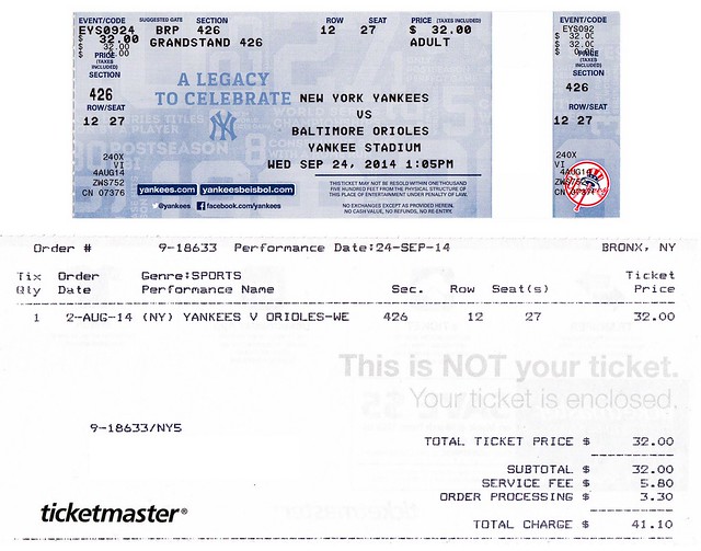 Ticket to Derek Jeter's final DAY game at Yankee Stadium - September 24, 2014, Yankees v. Orioles - along with Ticketmaster invoice that accompanied the ticket