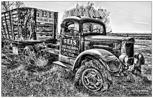 lazy photog elliott photography geis trucking worland wyoming early livestock hauling truck trailer black white abandoned weathered