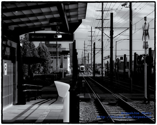 Black & White of SoDo Station as Central Link Train is About to Arrive