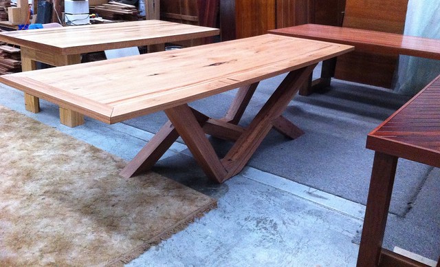 Custom built dining tables showroom by Timber Floors Pty Ltd