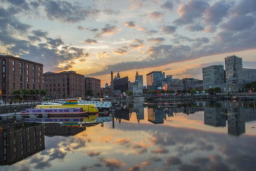 city sunset orange reflection water clouds liverpool canon buildings reflections outdoors cloudy grace threegraces albertdock 550d salthousedock