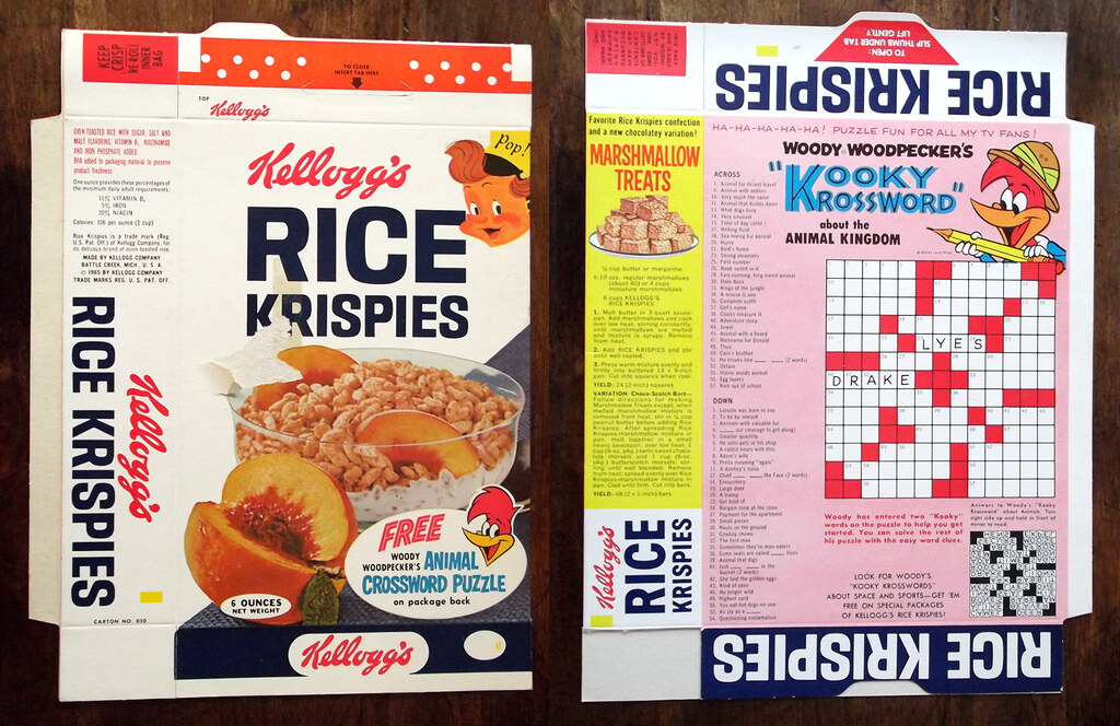 1965 Kellogg's Rice Krispies Cereal Box Flat Woody Woodpecker