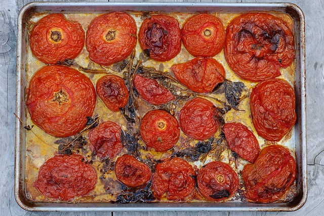 Slow roasted heirloom tomatoes with garlic and herbs by Eve Fox, the Garden of Eating, copyright 2014