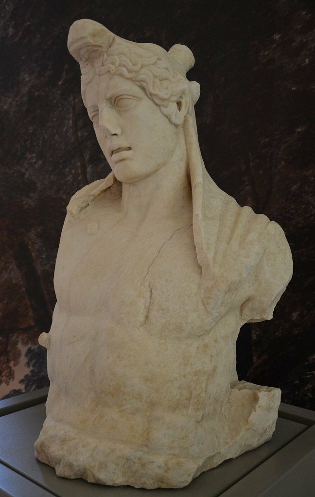 Marble bust identified as Actaeon who was transformed into a stag by the unwary hunter Diana while bathing, Hadrianic period (AD 117-138), Museo delle Navi, Nemi