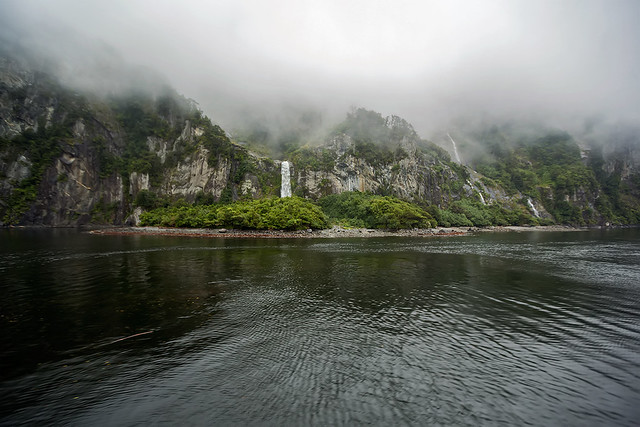 Waterfalls at Milford Sound, New Zealand.