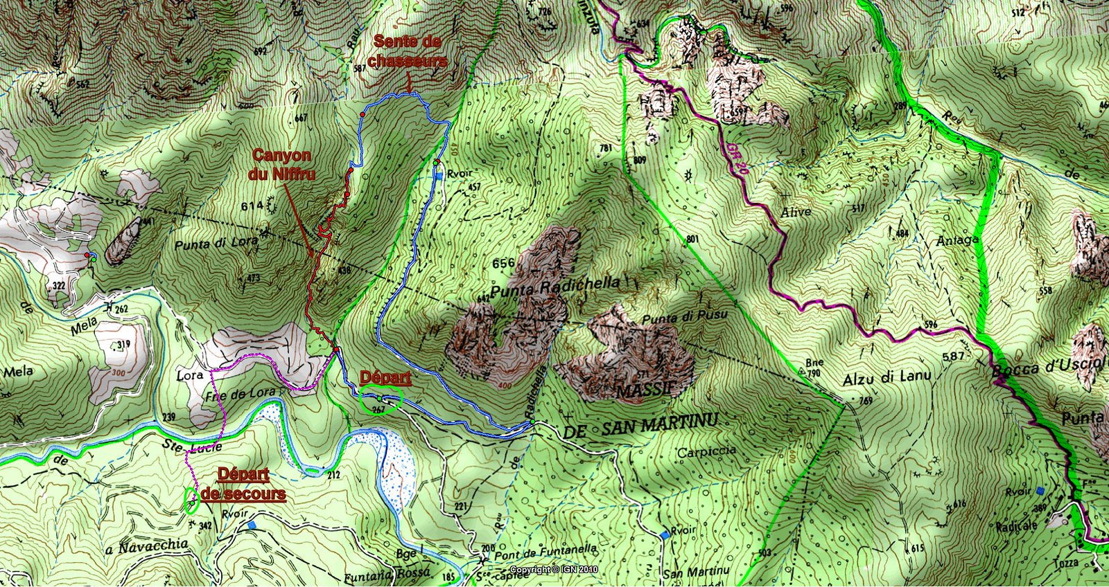 Carte Haut-Cavu Lora-Radichella avec le canyon de Lora